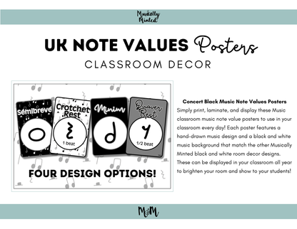 Concert Black: UK Note Values Posters | UK Music Terms | Music Classroom Decor