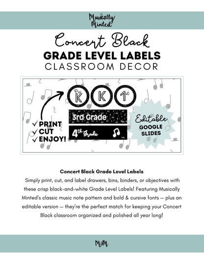 Concert Black: Grade Level Labels DIGITAL DOWNLOAD