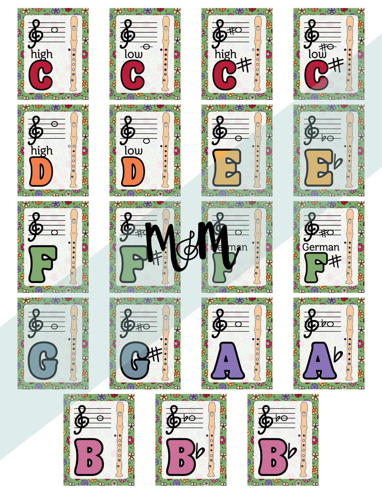 Spring Garden: Recorder Fingering Posters DIGITAL DOWNLOAD