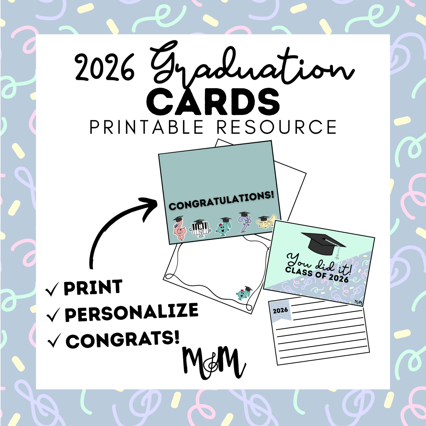 Graduation cards with text '2026 Graduation Cards Printable Resource' on a colorful background.