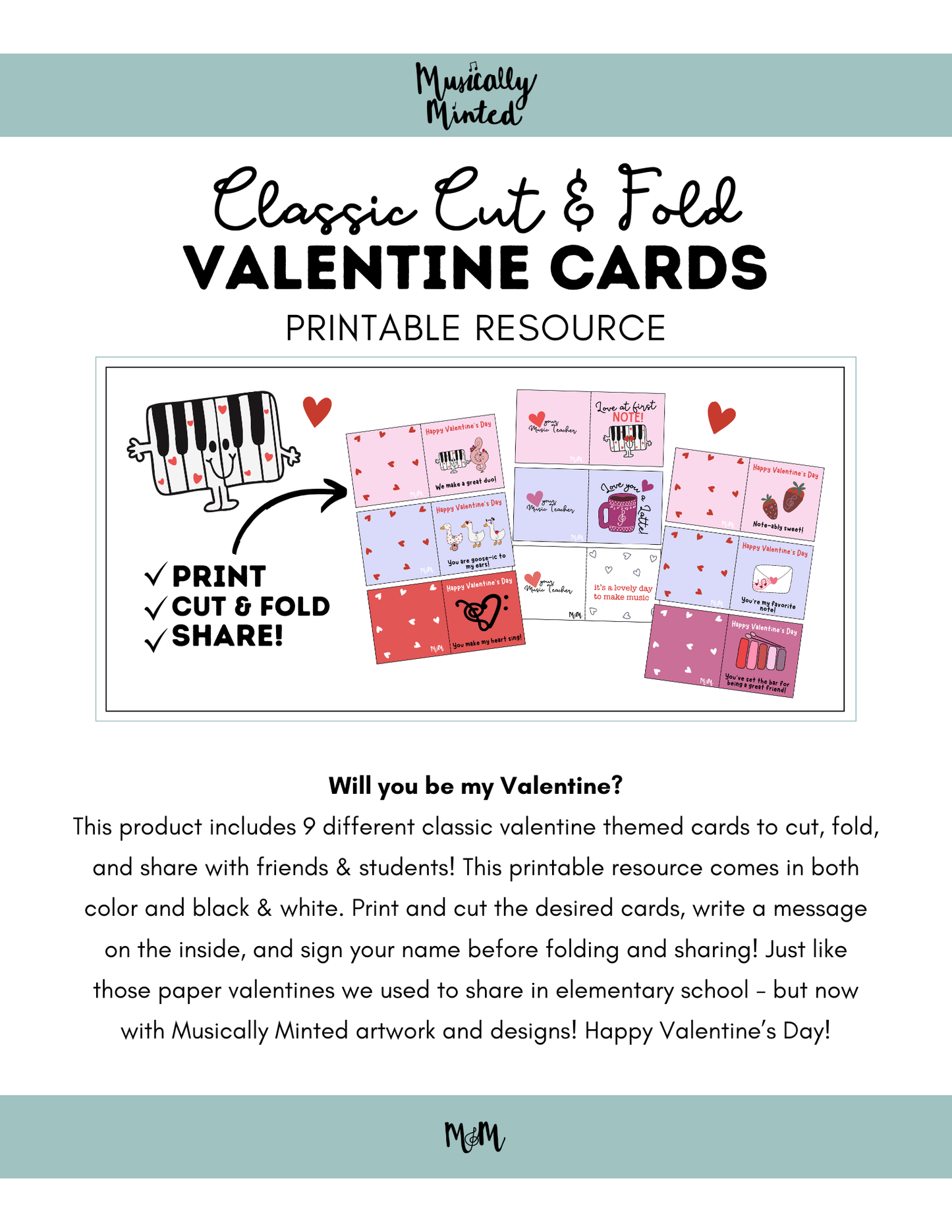 Valentines Day | Foldable Cards | Music Teacher Printable Valentines DIGITAL DOWNLOAD