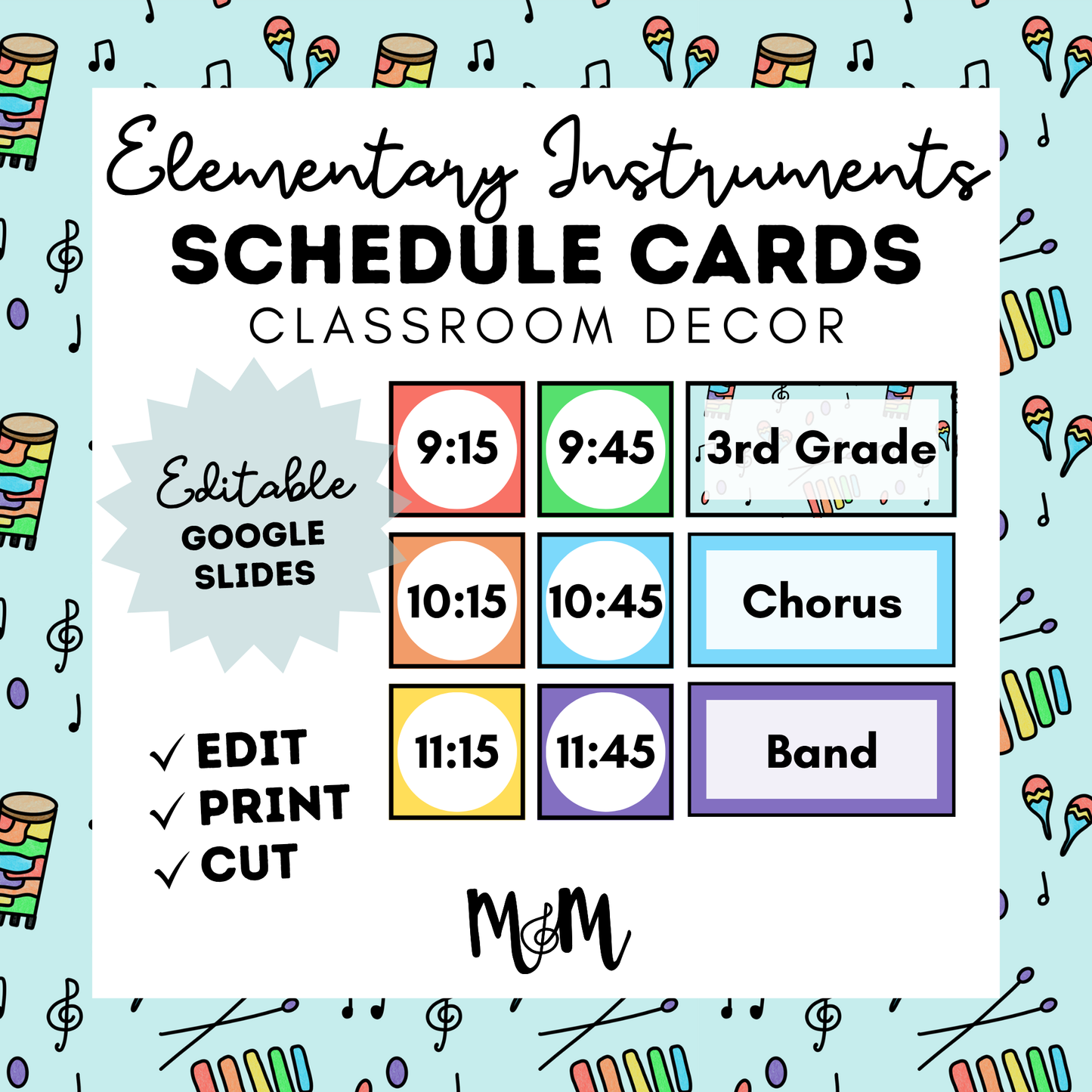 Elementary Instruments: Pocket Chart Schedule Cards DIGITAL DOWNLOAD