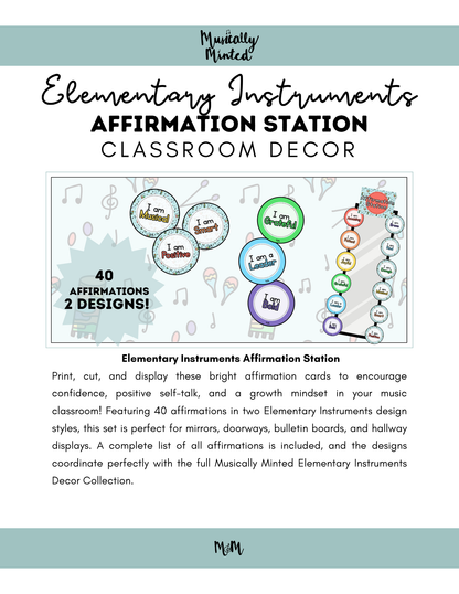 Elementary Instruments: Affirmation Station | Music Classroom Decor