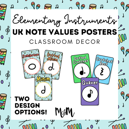 Elementary Instruments: UK Note Values Posters | UK Music Terms | Music Classroom Decor