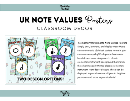Elementary Instruments: UK Note Values Posters | UK Music Terms | Music Classroom Decor