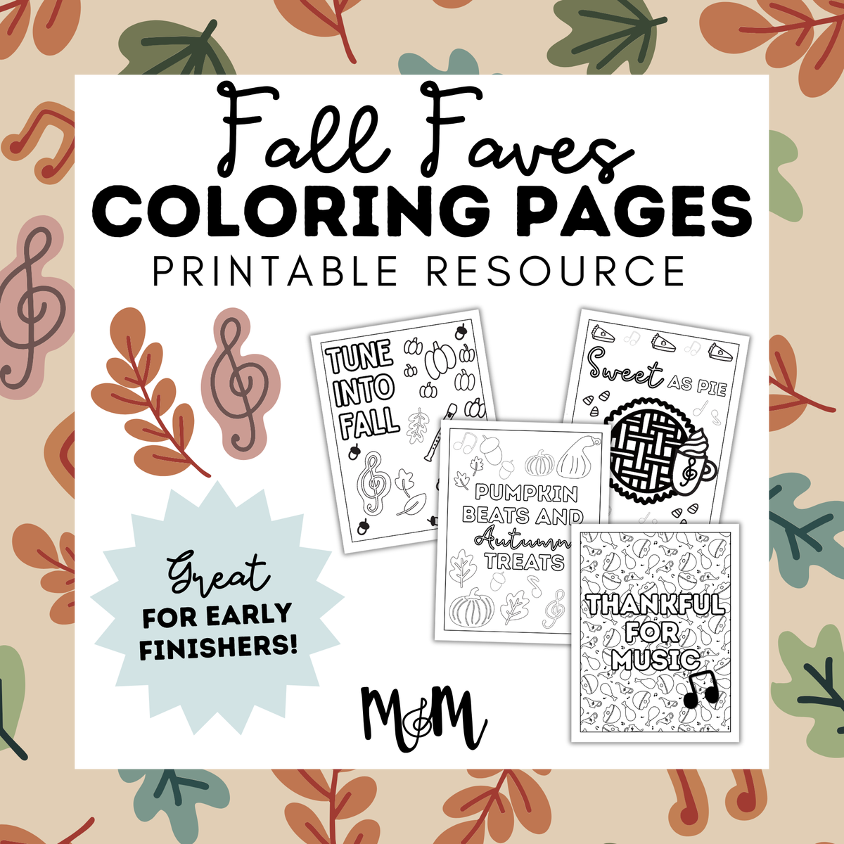 Fall Music Coloring Sheets | Printable Music Class Coloring Activity DIGITAL DOWNLOAD
