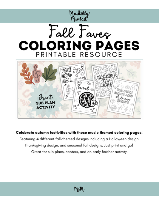 Fall Music Coloring Sheets | Printable Music Class Coloring Activity DIGITAL DOWNLOAD