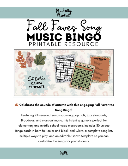 Fall Faves Song Bingo | Listening Activity & Music Game | Editable with Playlist DIGITAL DOWNLOAD