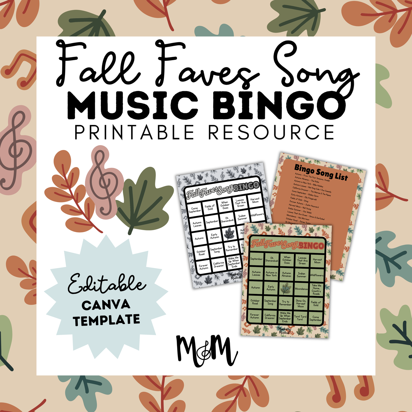 Fall Faves Song Bingo | Listening Activity & Music Game | Editable with Playlist DIGITAL DOWNLOAD
