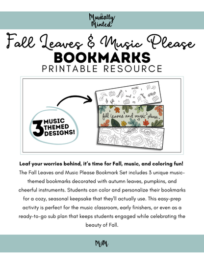 Fall Leaves and Music Please: Music Bookmarks | Printable Coloring Activity DIGITAL DOWNLOAD