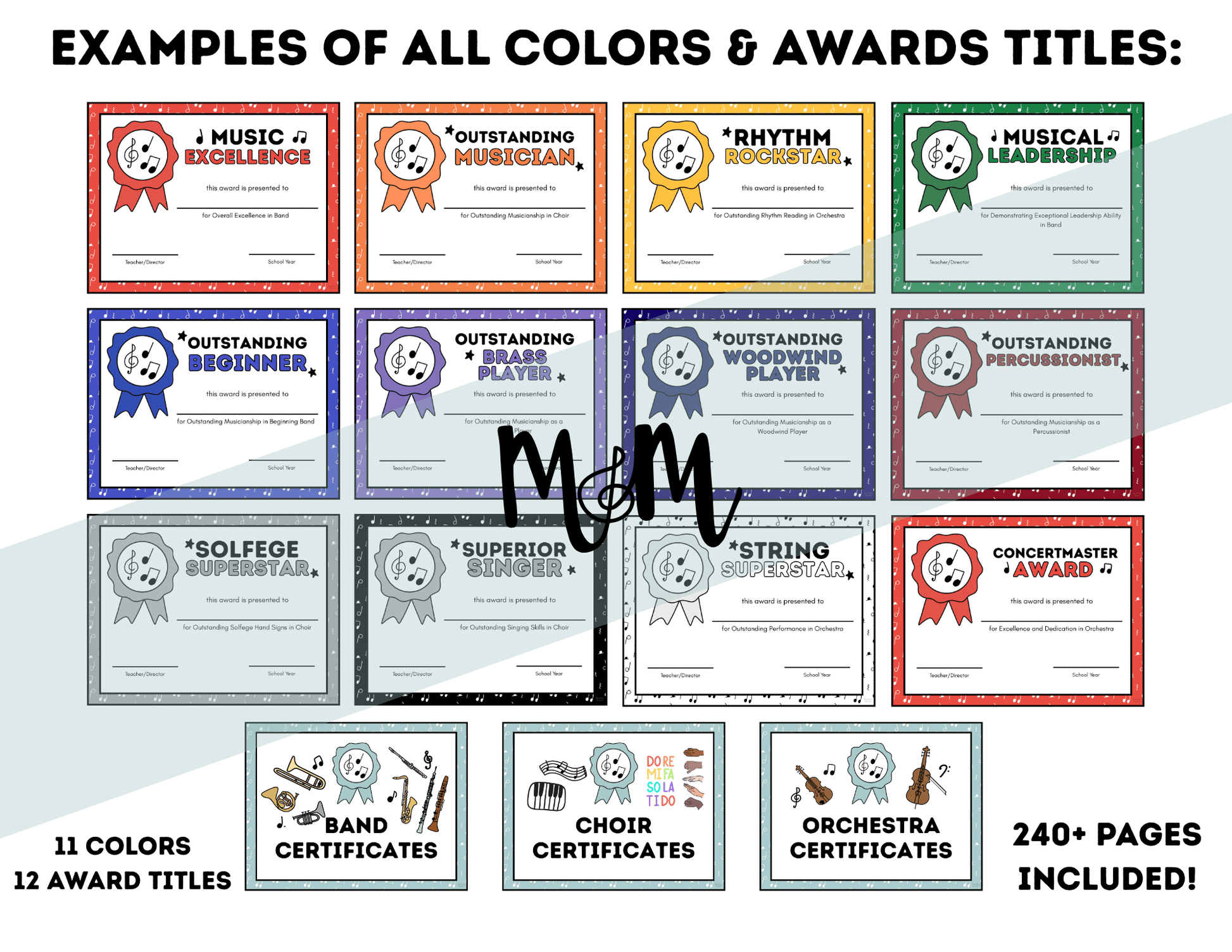 Collection of music awards certificates with various colors and titles on a white background.