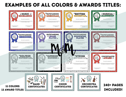Collection of music awards certificates with various colors and titles on a white background.
