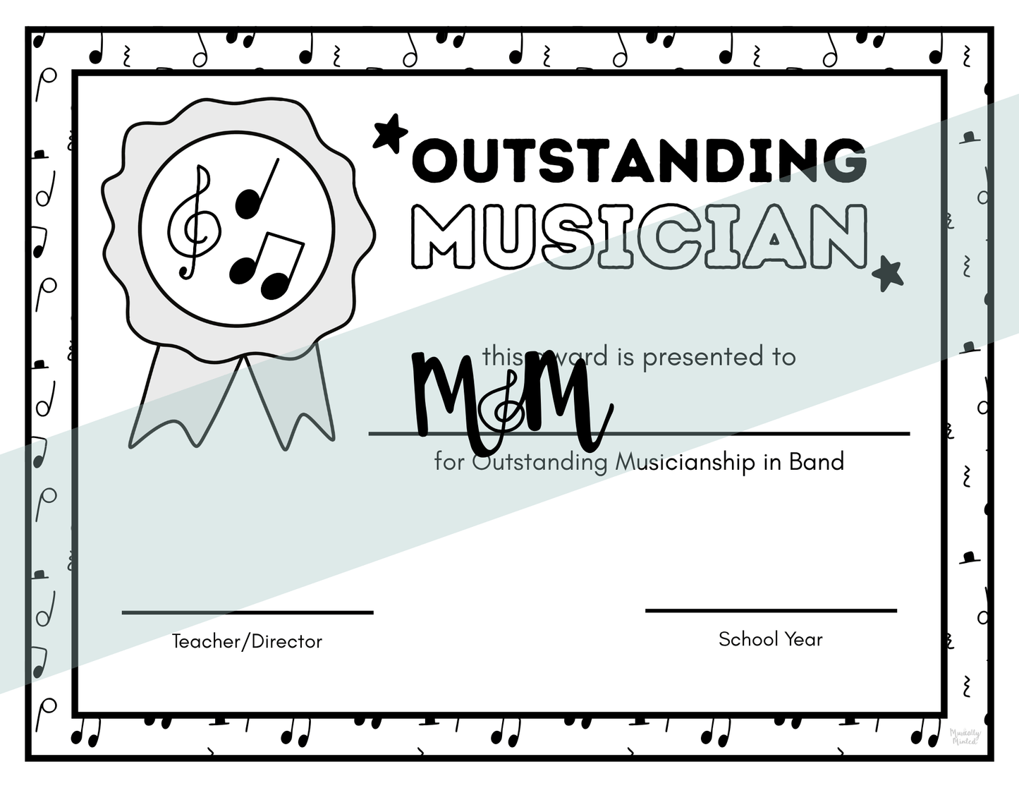 Certificate for 'Outstanding Musician' with musical notes and a ribbon design.