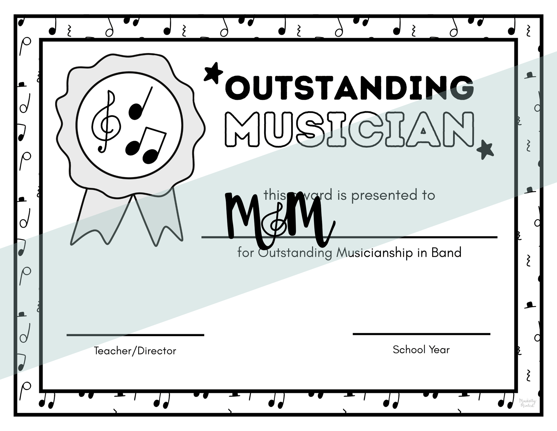Certificate for 'Outstanding Musician' with musical notes and a ribbon design.