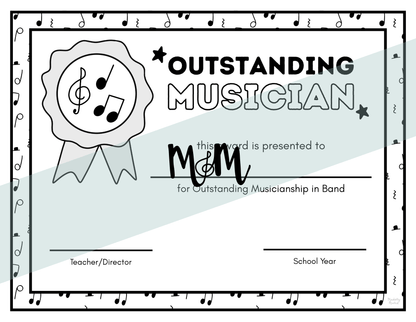 Certificate for 'Outstanding Musician' with musical notes and a ribbon design.