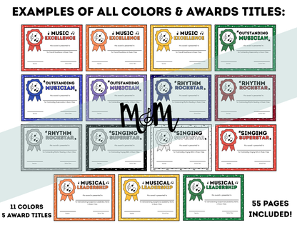 Collection of colorful music achievement certificates with various awards on a white background.