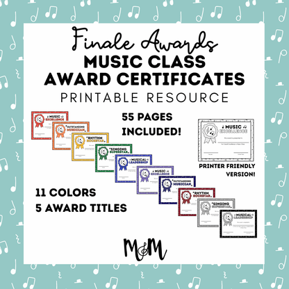 Promotional graphic for music class award certificates with colorful designs on a teal background.