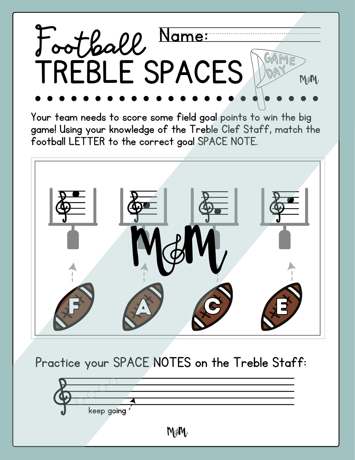 Music-themed worksheet titled 'Football Treble Spaces' with football and clef staff illustrations on a light blue background.