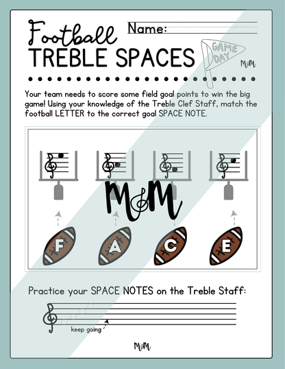Music-themed worksheet titled 'Football Treble Spaces' with football and clef staff illustrations on a light blue background.