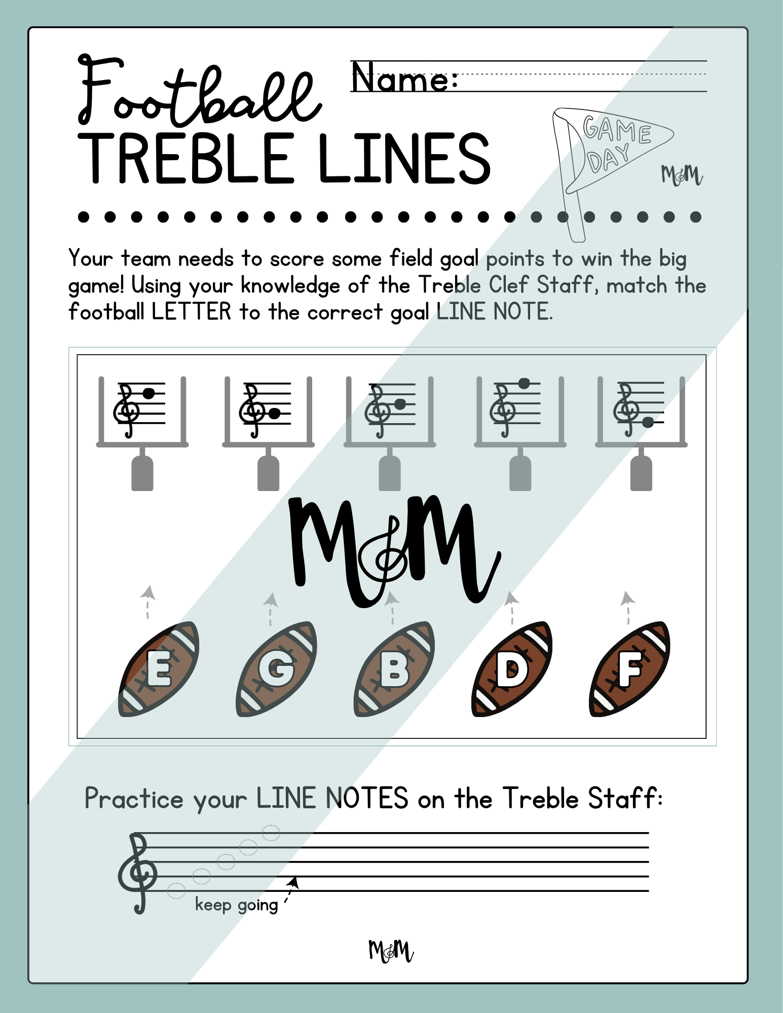 Sheet music for children with football-themed notes on a light blue background