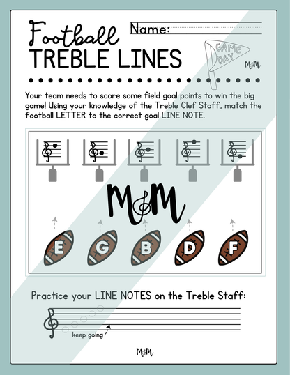 Sheet music for children with football-themed notes on a light blue background