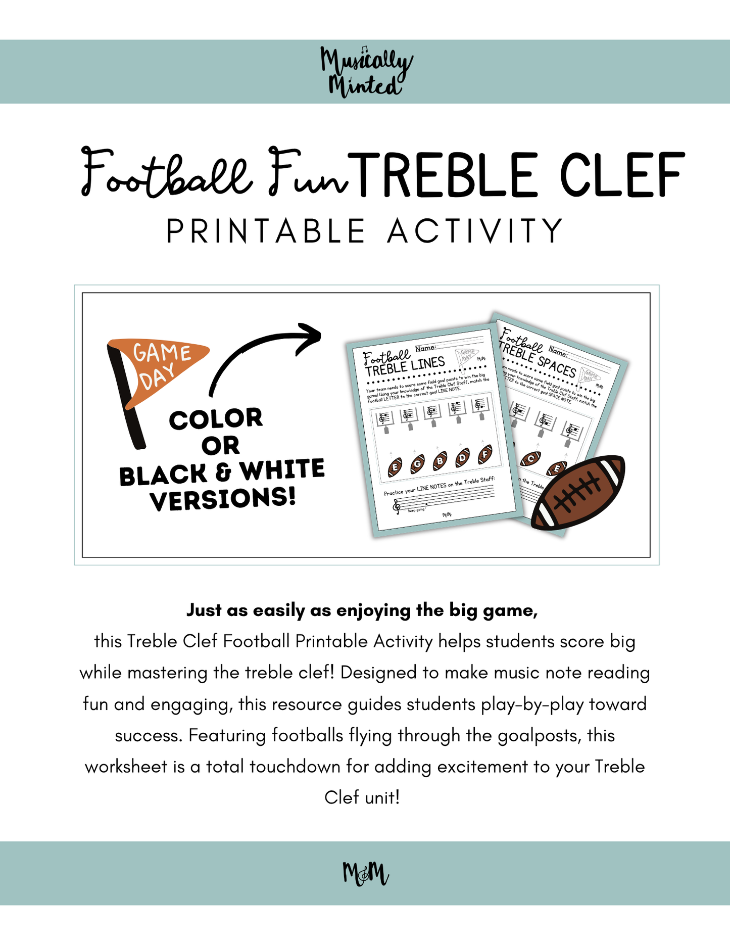 Football-themed Treble Clef printable activity with text on a light blue background