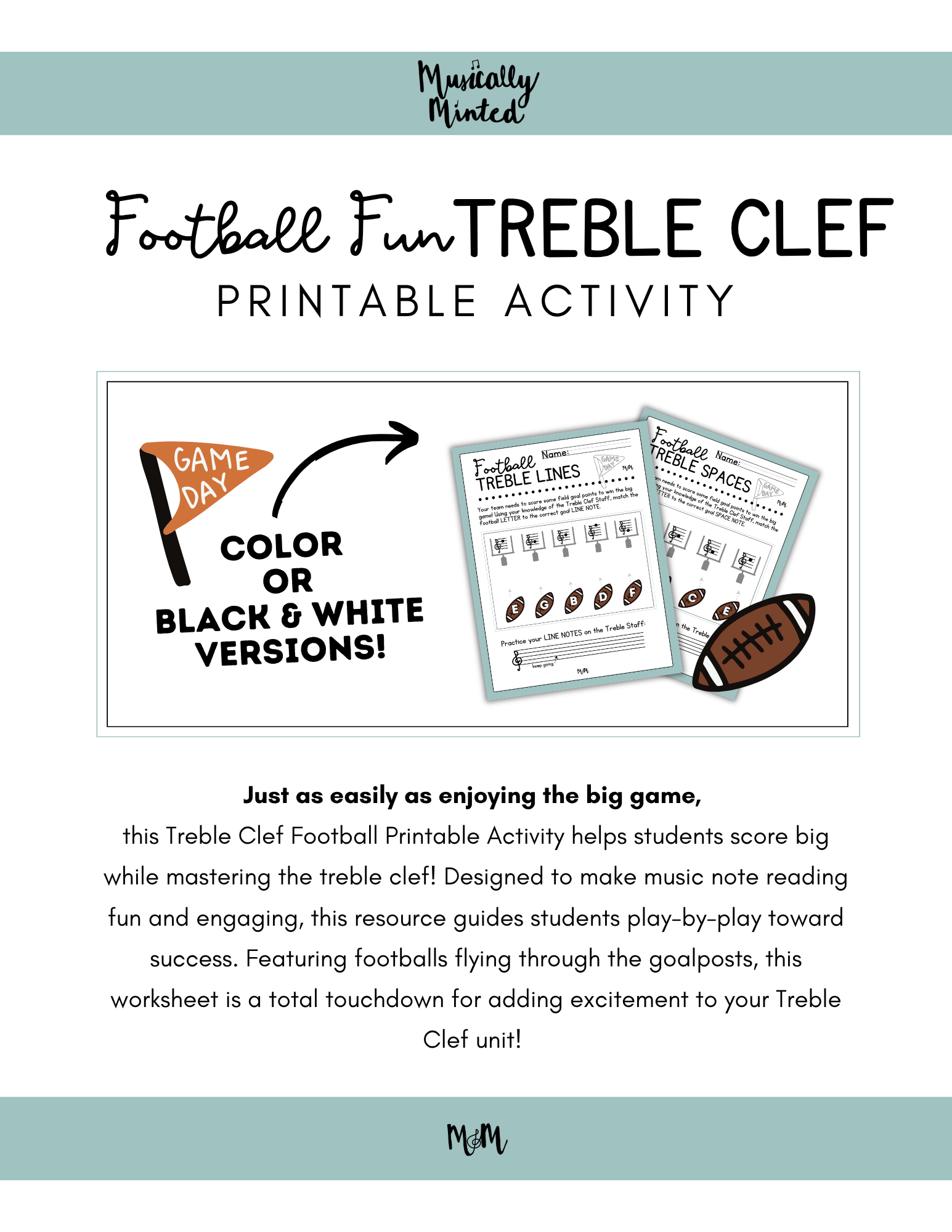 Football-themed Treble Clef printable activity with text on a light blue background