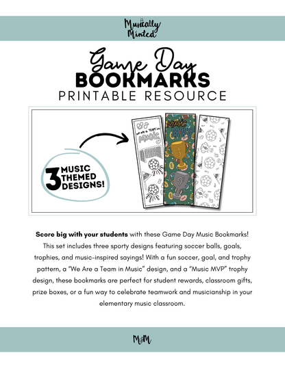 Game Day | Music Bookmarks | Printable Coloring Activity DIGITAL DOWNLOAD