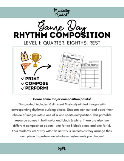 Game Day Music Room Cut & Glue Rhythm Composition Activity | Level 1 DIGITAL DOWNLOAD