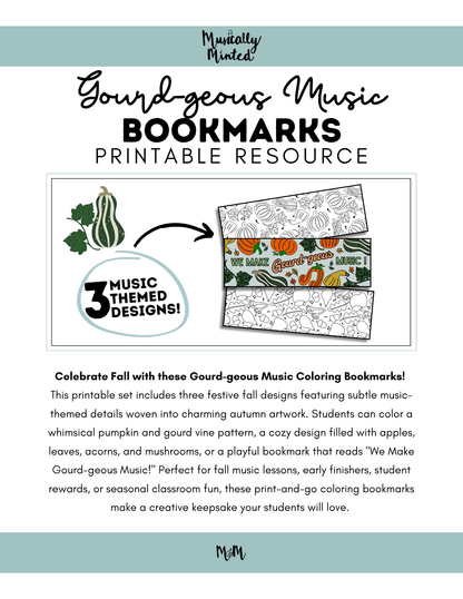 Gourd-geous Music Bookmarks | Printable Coloring Activity DIGITAL DOWNLOAD