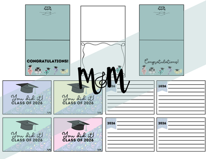 Collection of graduation-themed cards and notes with 'Congratulations!' and 'You did it! Class of 2026' text.