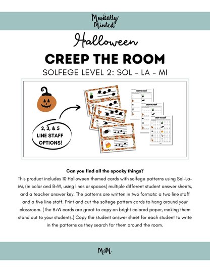Halloween: Creep the Room | Solfege Level 2 (Sol-La-Mi) | Printable Music Activity DIGITAL DOWNLOAD