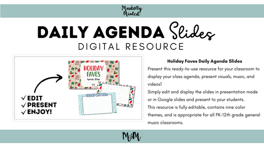 Holiday Theme Daily Agenda Slides | Editable Google Slides | Festive Music Classroom Edition DIGITAL DOWNLOAD