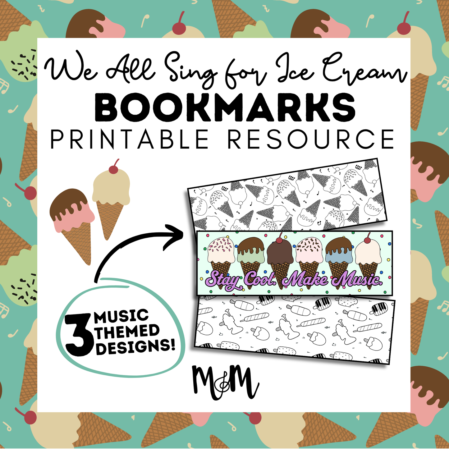 We All Sing for Ice Cream | Music Bookmarks | Printable Coloring Activity DIGITAL DOWNLOAD