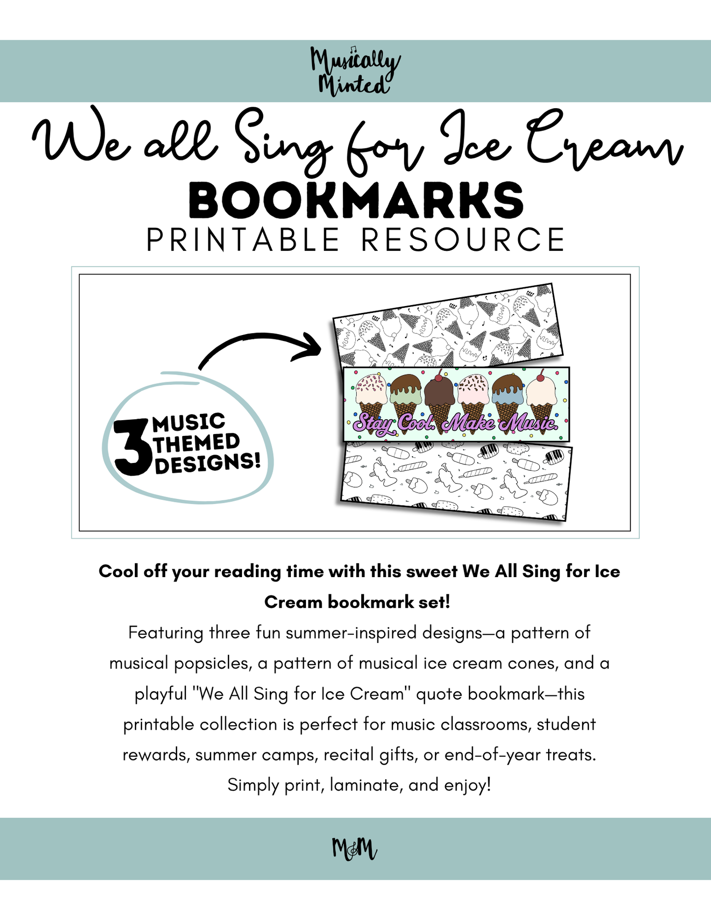 We All Sing for Ice Cream | Music Bookmarks | Printable Coloring Activity DIGITAL DOWNLOAD