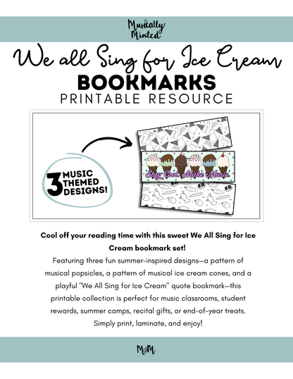 We All Sing for Ice Cream | Music Bookmarks | Printable Coloring Activity DIGITAL DOWNLOAD