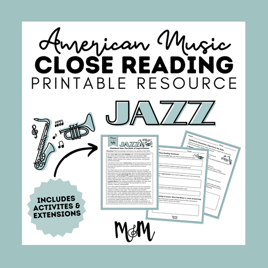 Early Jazz | Close Reading Worksheet Listening Activity & Music Extension | Unit | DIGITAL DOWNLOAD