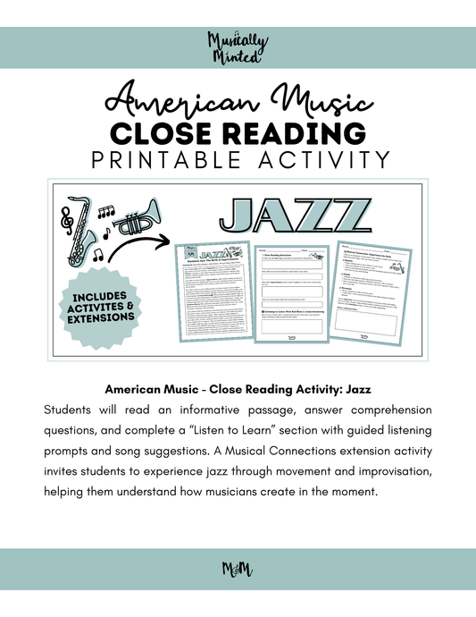Early Jazz | Close Reading Worksheet Listening Activity & Music Extension | Unit | DIGITAL DOWNLOAD