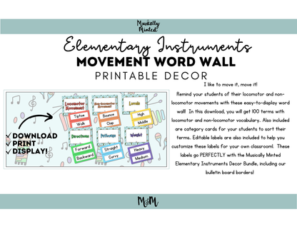 Elementary Instruments: Movement Word Wall Cards DIGITAL DOWNLOAD