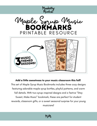 Maple Syrup Music | Music Bookmarks | Printable Coloring Activity DIGITAL DOWNLOAD