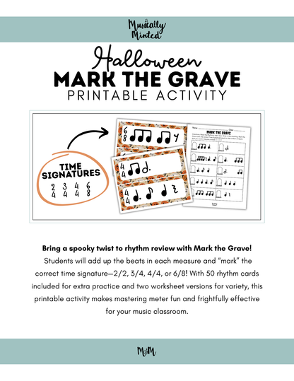 Halloween: Mark the Grave | Time Signature | Printable Rhythm Cards and Worksheet DIGITAL DOWNLOAD