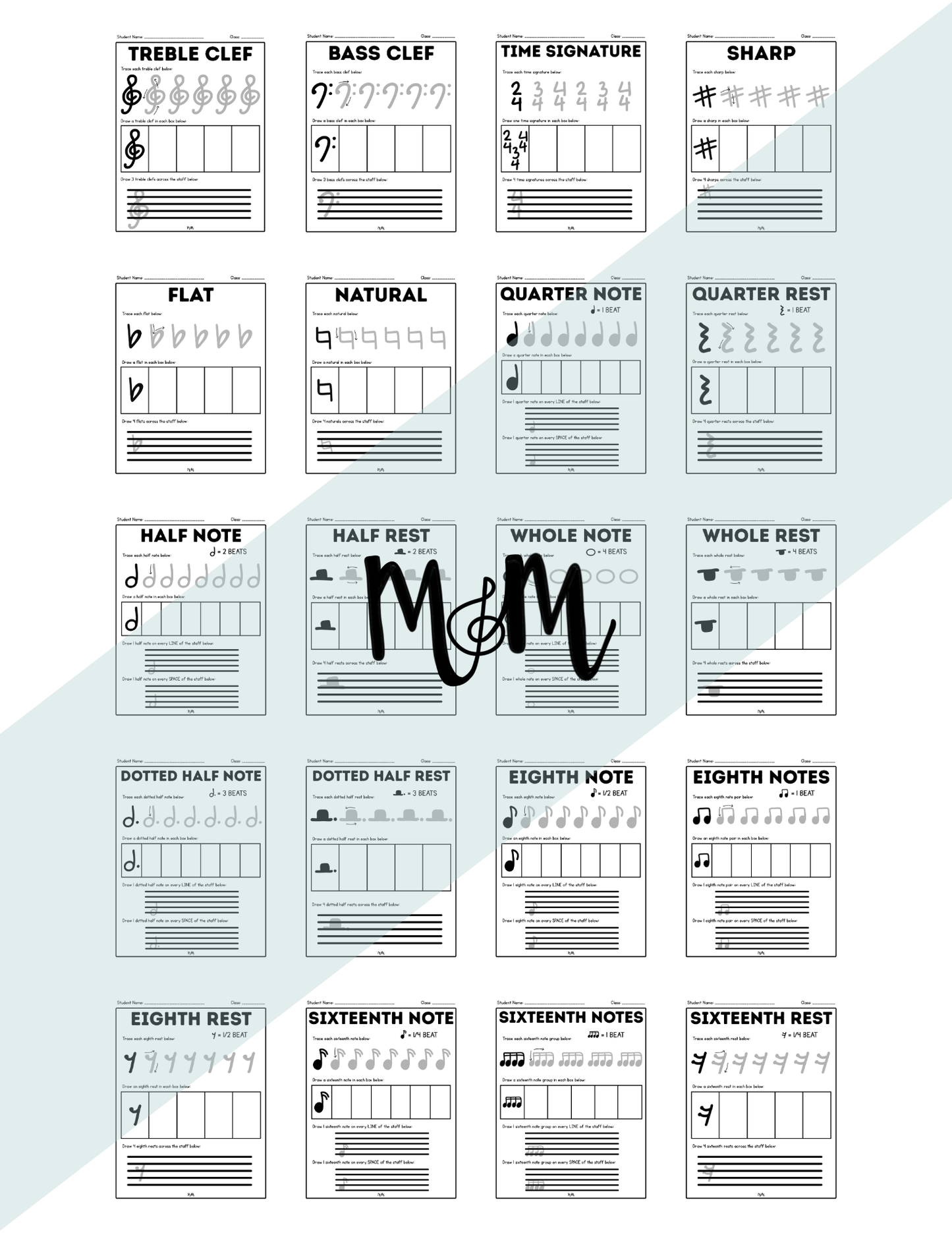 Musically Minted: Music Symbol Trace Staff Worksheets DIGITAL DOWNLOAD