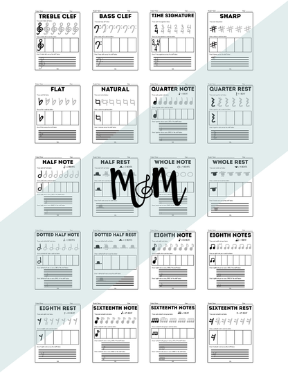 Musically Minted: Music Symbol Trace Staff Worksheets DIGITAL DOWNLOAD