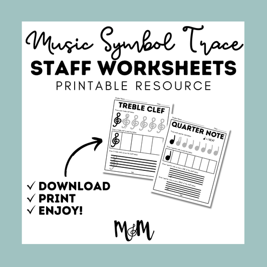 Musically Minted: Music Symbol Trace Staff Worksheets DIGITAL DOWNLOAD