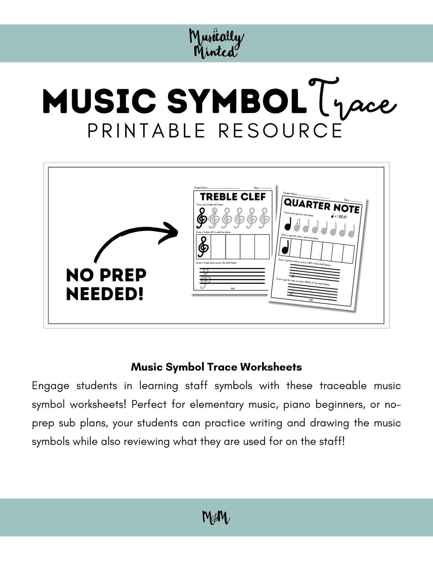 Musically Minted: Music Symbol Trace Staff Worksheets DIGITAL DOWNLOAD
