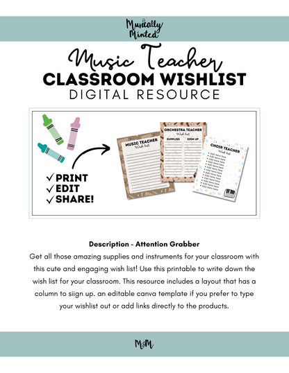 Music Teacher Editable Classroom Wishlist | Digital and Print for Back to School DIGITAL RESOURCE