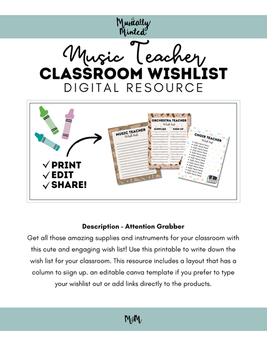 Music Teacher Editable Classroom Wishlist | Digital and Print for Back to School DIGITAL RESOURCE