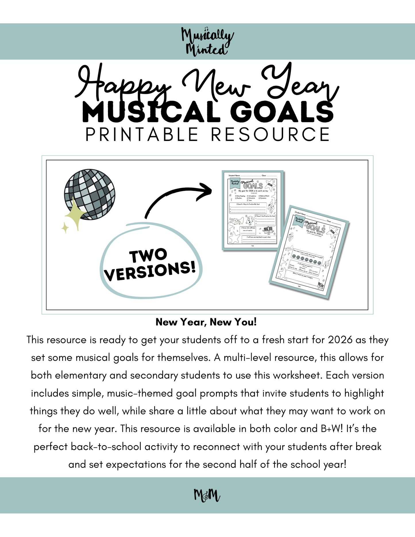 New Year 2026 | Musical Goals | Music Class Printable Worksheet DIGITAL DOWNLOAD