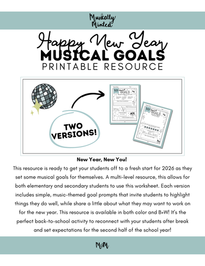 New Year 2026 | Musical Goals | Music Class Printable Worksheet DIGITAL DOWNLOAD