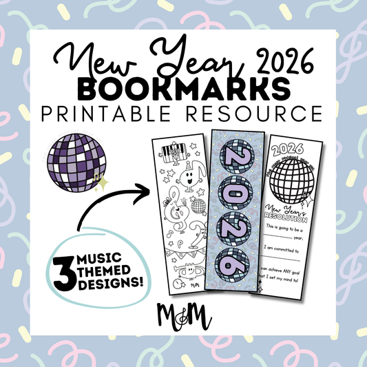 New Year 2026 | Music Bookmarks | Printable Coloring Activity DIGITAL DOWNLOAD